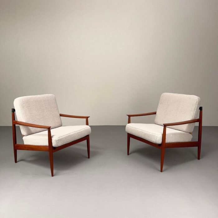 teak armchairs with rattan backrests and boucle covers by carl straub goldfeder germany 1960s set of 2 3081