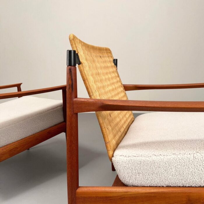 teak armchairs with rattan backrests and boucle covers by carl straub goldfeder germany 1960s set of 2 3528