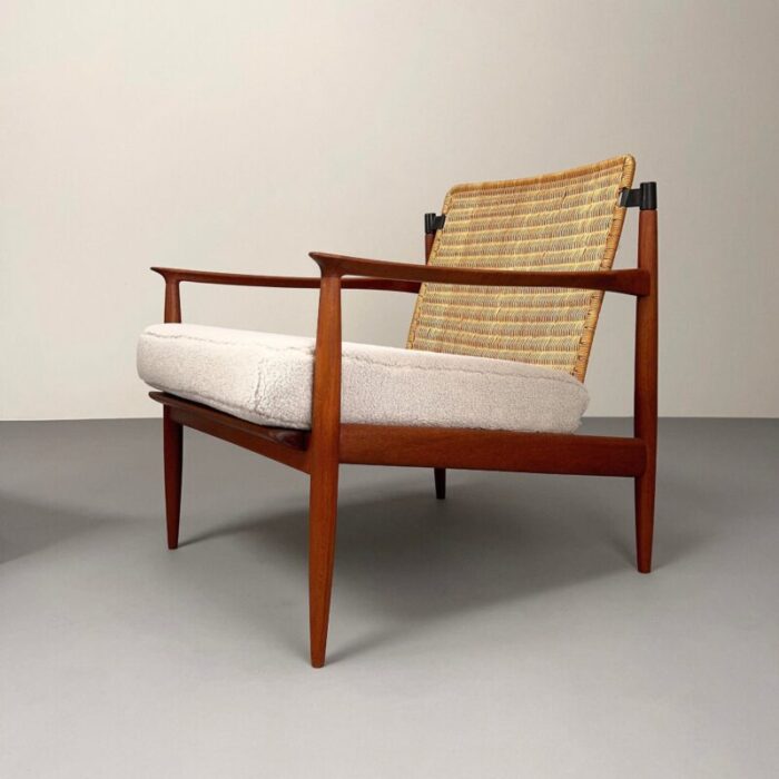 teak armchairs with rattan backrests and boucle covers by carl straub goldfeder germany 1960s set of 2 4241