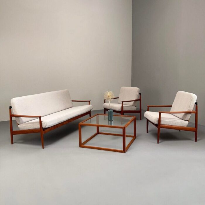 teak armchairs with rattan backrests and boucle covers by carl straub goldfeder germany 1960s set of 2 7393