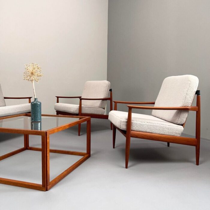 teak armchairs with rattan backrests and boucle covers by carl straub goldfeder germany 1960s set of 2 8216