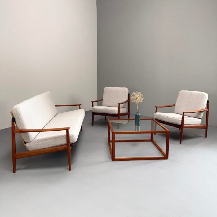 teak armchairs with rattan backrests and boucle covers by carl straub goldfeder germany 1960s set of 2 9311