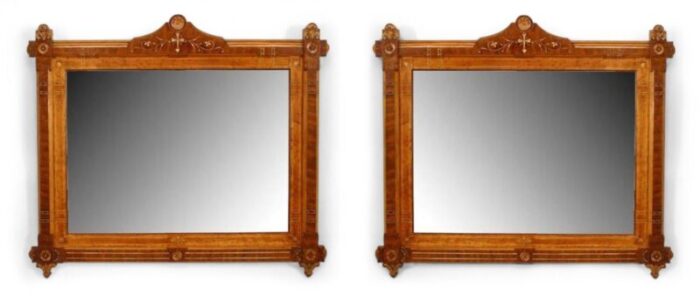 victorian eastlake walnut and birdseye maple carved wall mirrors a pair 1174