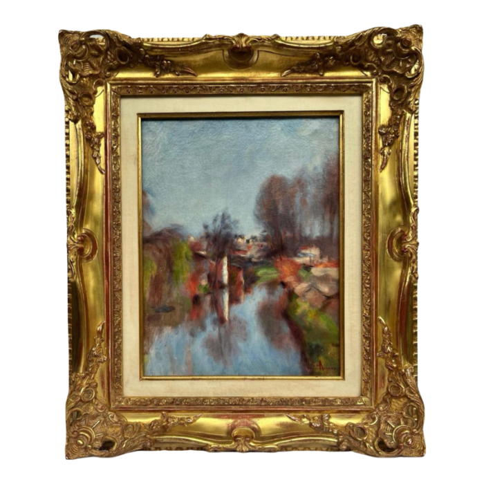 view of a river summertime painting circa 1925 by lucien rene mignon framed 4121