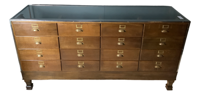 vintage 16 drawer oak and chrome frame shop haberdashery counter 1930 3140