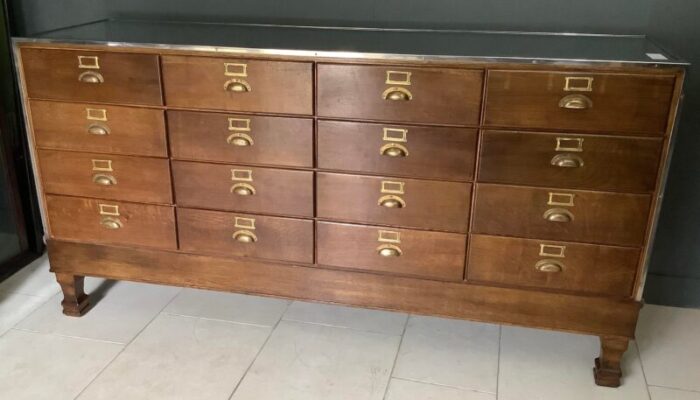 vintage 16 drawer oak and chrome frame shop haberdashery counter 1930 4728