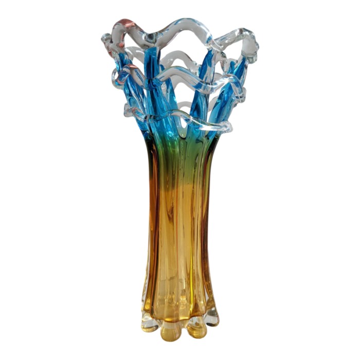 vintage amber and blue art glass vase 9146