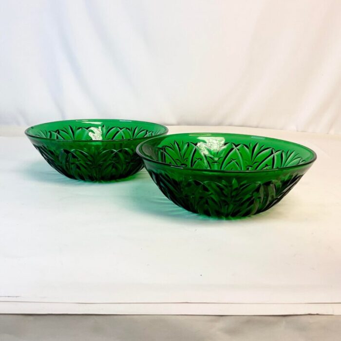 vintage art deco indiana glass pressed green serving bowls a pair 0008