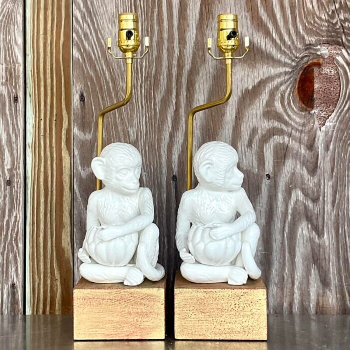 vintage boho glazed ceramic monkey lamps a pair 3931