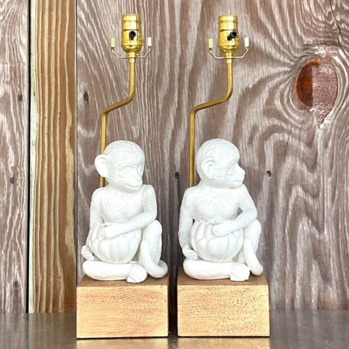 vintage boho glazed ceramic monkey lamps a pair 4311