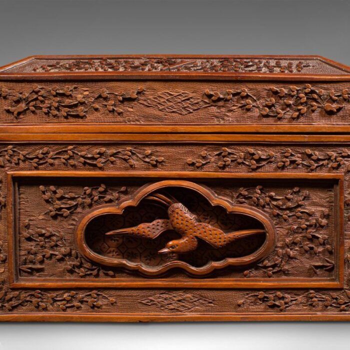 vintage chinese carved decorative box in satinwood 1950 11