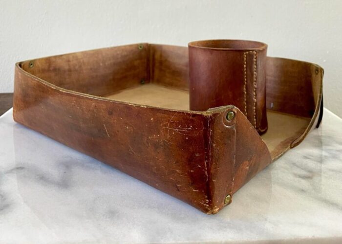 vintage cognac distressed leather desk accessories paper tray and pencil cup 2 pieces 6979