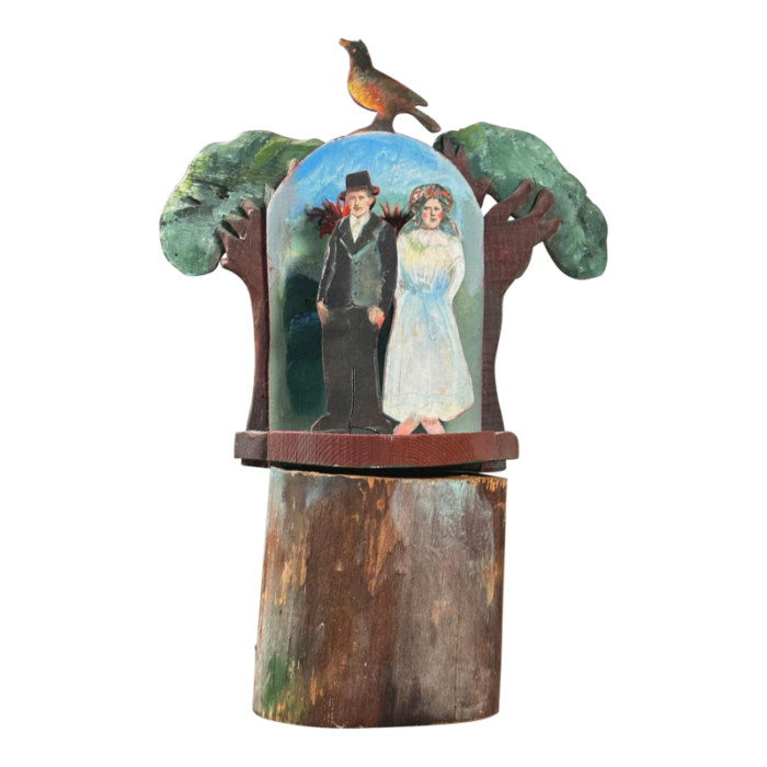 vintage folk art polychrome hand carved dimensional sculpture of bride and groom 0942