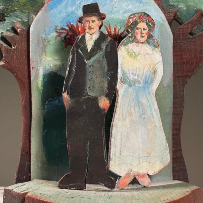 vintage folk art polychrome hand carved dimensional sculpture of bride and groom 7569