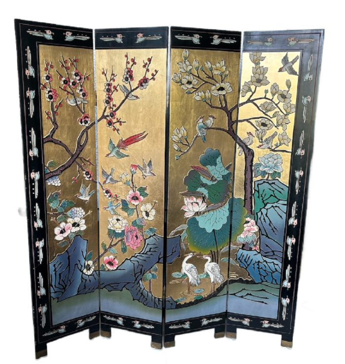 vintage for panel chinoiserie gold leaf bird and botanical ebonized folding screen 1495