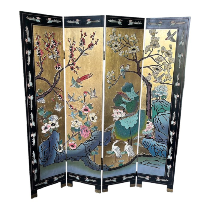 vintage for panel chinoiserie gold leaf bird and botanical ebonized folding screen 4938