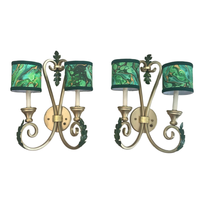 vintage french sconces with green marbled shades a pair 0224