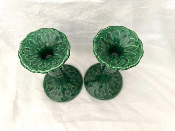 vintage haldon group green majolica candle stick holders pair 2592