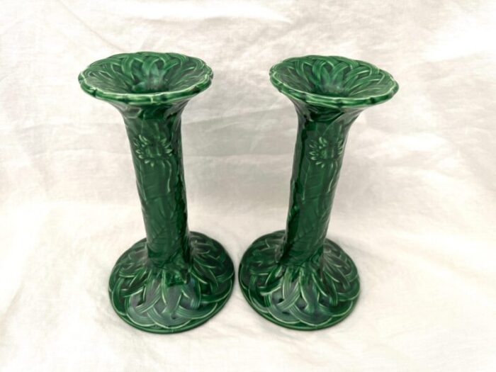 vintage haldon group green majolica candle stick holders pair 7445