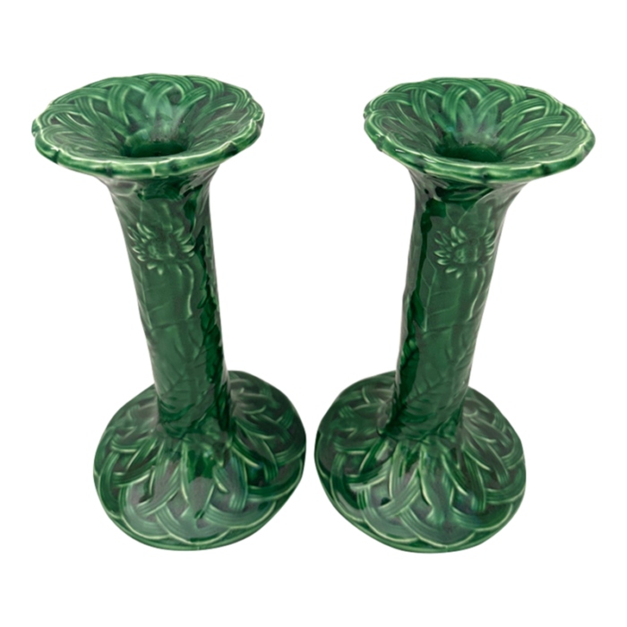 vintage haldon group green majolica candle stick holders pair 8786