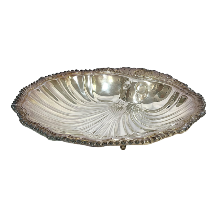 vintage large silverplate footed clam shell serving dish 0381