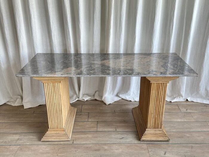 vintage marble top console table with bamboo pedestal legs 1970s 8757