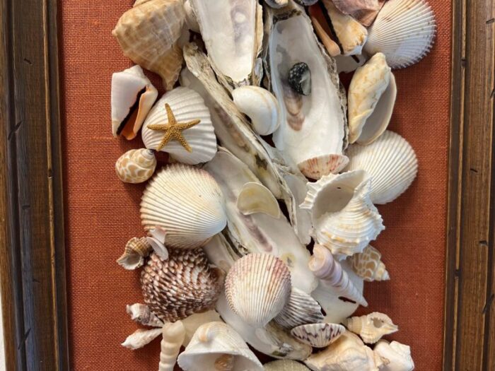 vintage original framed seashell art collage on canvas 2209