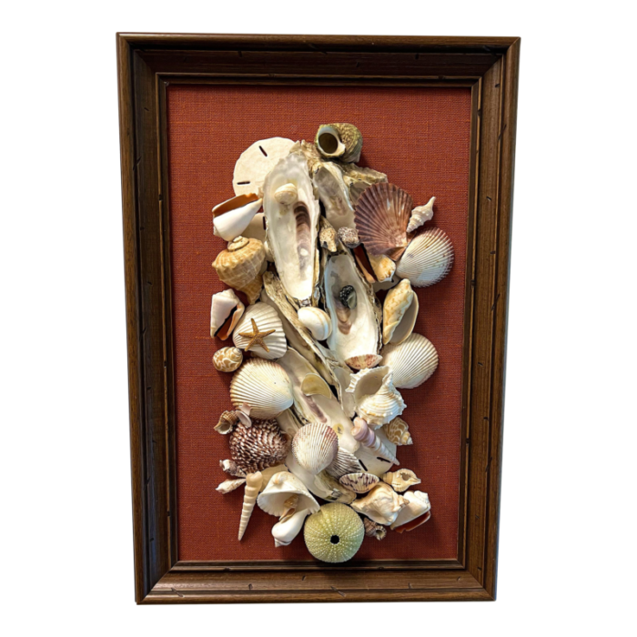 vintage original framed seashell art collage on canvas 7304