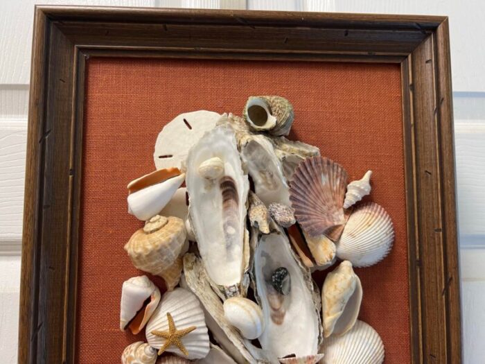 vintage original framed seashell art collage on canvas 8828