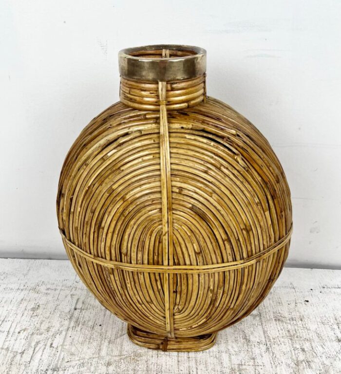 vintage rattan vase with brass trim 1139