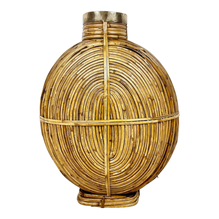 vintage rattan vase with brass trim 2170