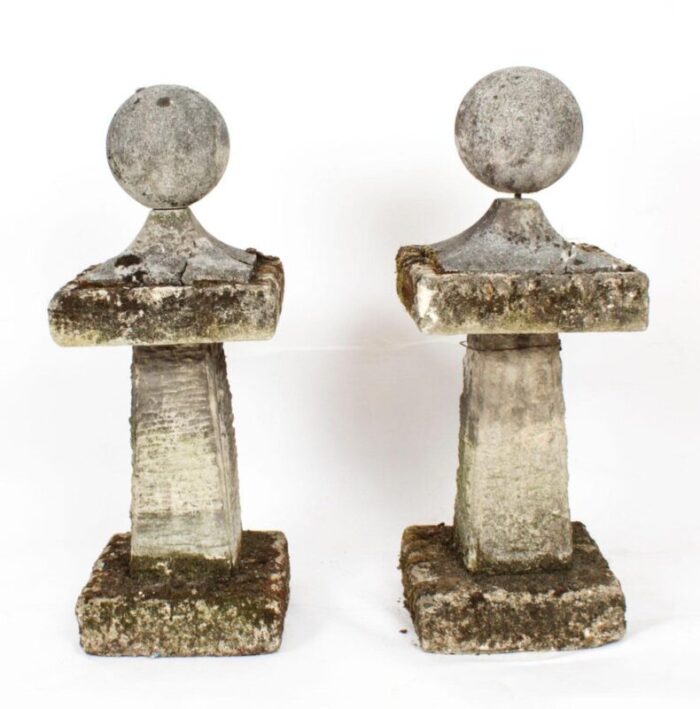 vintage reclaimed weathered composition stone ball pier caps 1950s set of 2 11