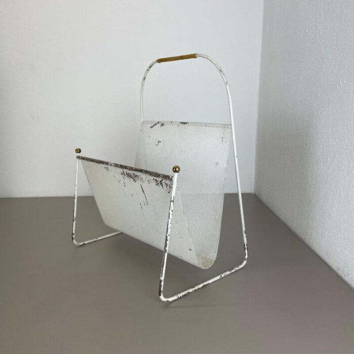 white metal hole pattern magazine holder by carl auboeck for mategot france 1950s 4